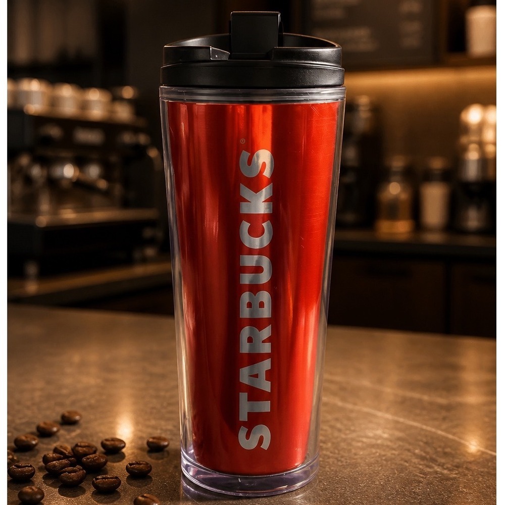 Starbucks 2009 Metallic Red Insulated Travel Tumbler Mug 16oz Grande Clear Shell